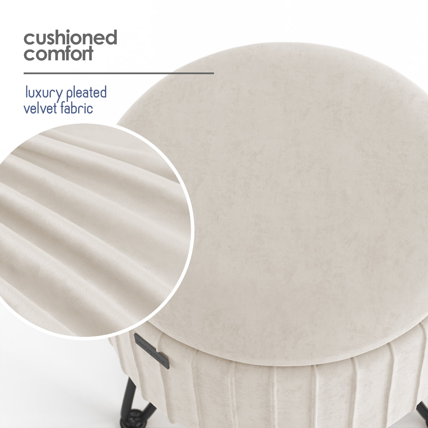 LammaLoe Small Round Ottoman with Storage, Pleated Velvet Ottoman Foot Stool with Lid, Upholstered Vanity Stool for Living Room & Bedroom, Cream