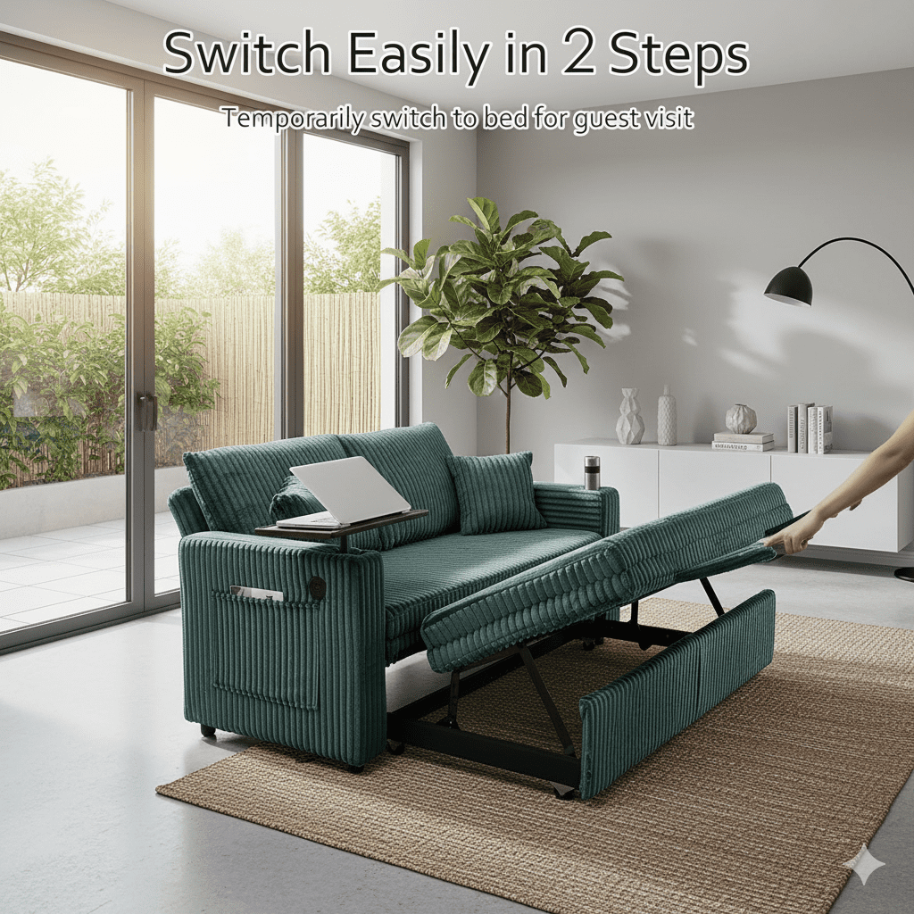 65in Sleeper Sofa Bed, 3 in 1 Convertible Pull Out Couch with Small Table, USB Ports, Cup Holders & 5-Level Adjustable Backrest, Corduroy Loveseat Sofa for Apartment, Bedroom, Living Room (Green)