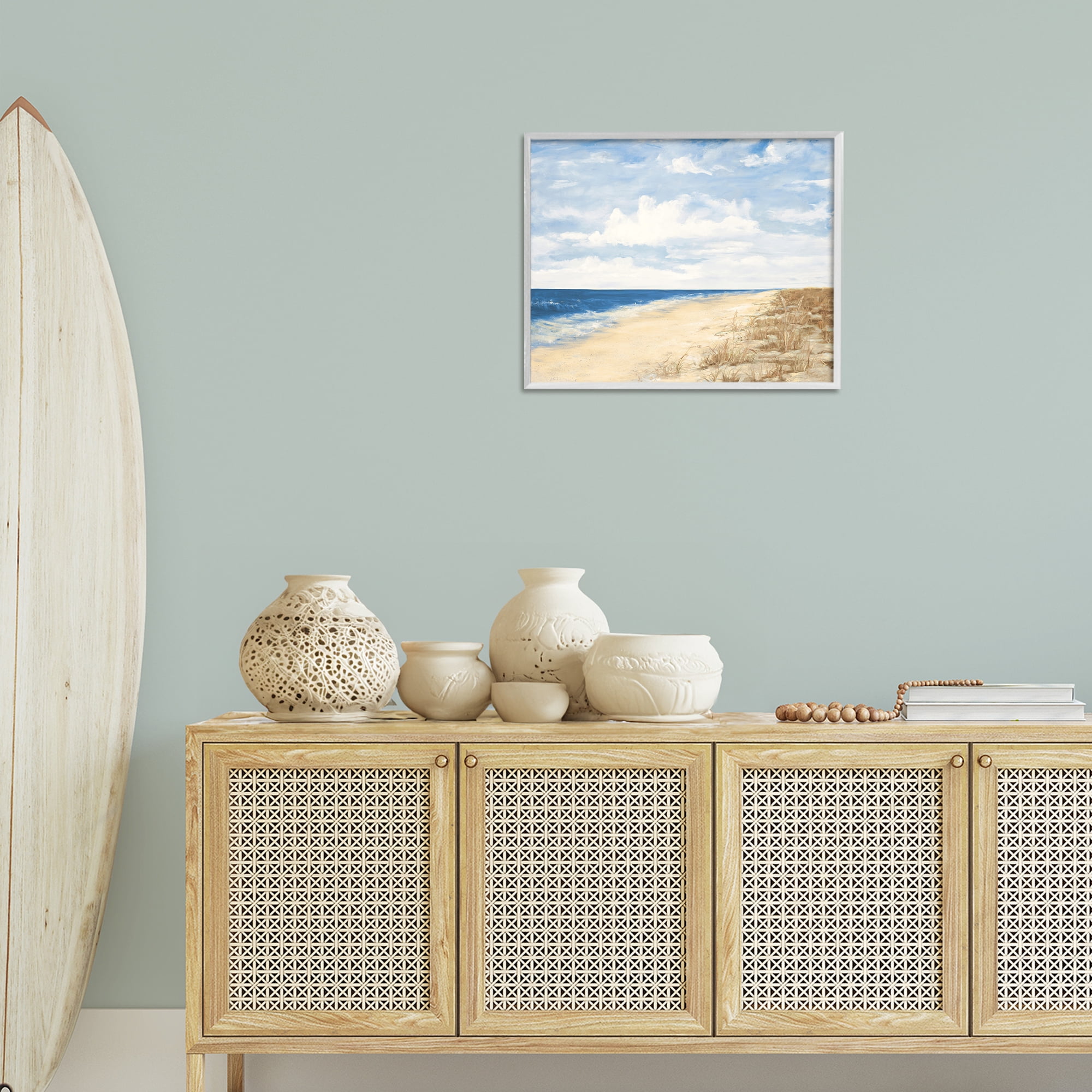 Stupell Industries Calm Beach Painting Coastal Painting White Framed Art Print Wall Art, 20 x 16