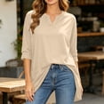 thumbnail image 2 of Women's Plus 3/4 Sleeve Tunic Tops Notch V Neck Flowy Blouses Loose Fit Long Shirts with Pockets to Wear with Leggings Office Daily Wear, Beige, XL, 2 of 8