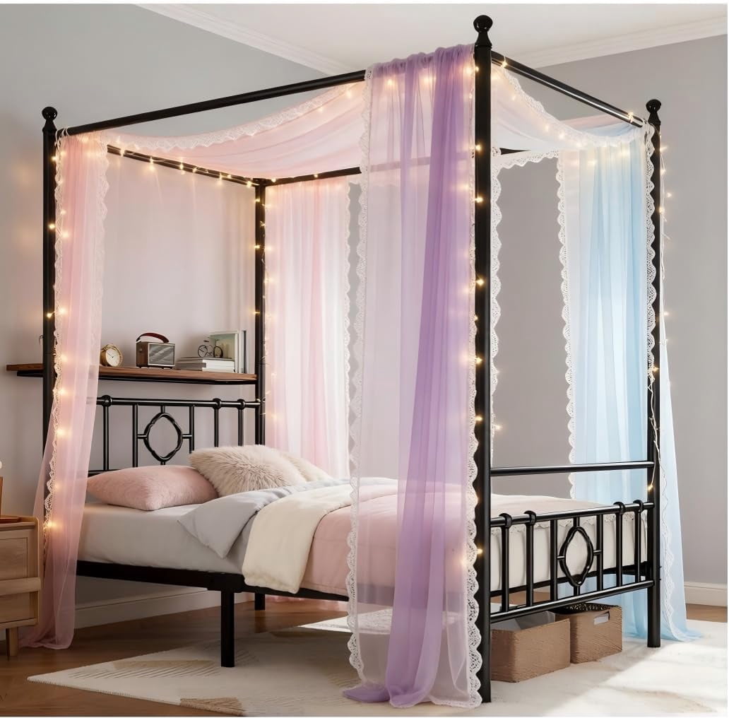 EnHomee Full Size Canopy Bed Frame with Headboard Canopy Metal Bed Frame with 4 Removable Posts Platform Metal Canopy Bed, Curtain Not Included, Black