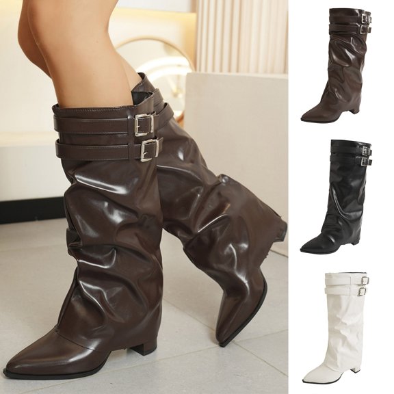 Miaoju Knee High Boots Women, Fold Over Shark Boots Pointed Toe block heels Wide Calf,Minimalist Street Style Boots for Fall & Winter