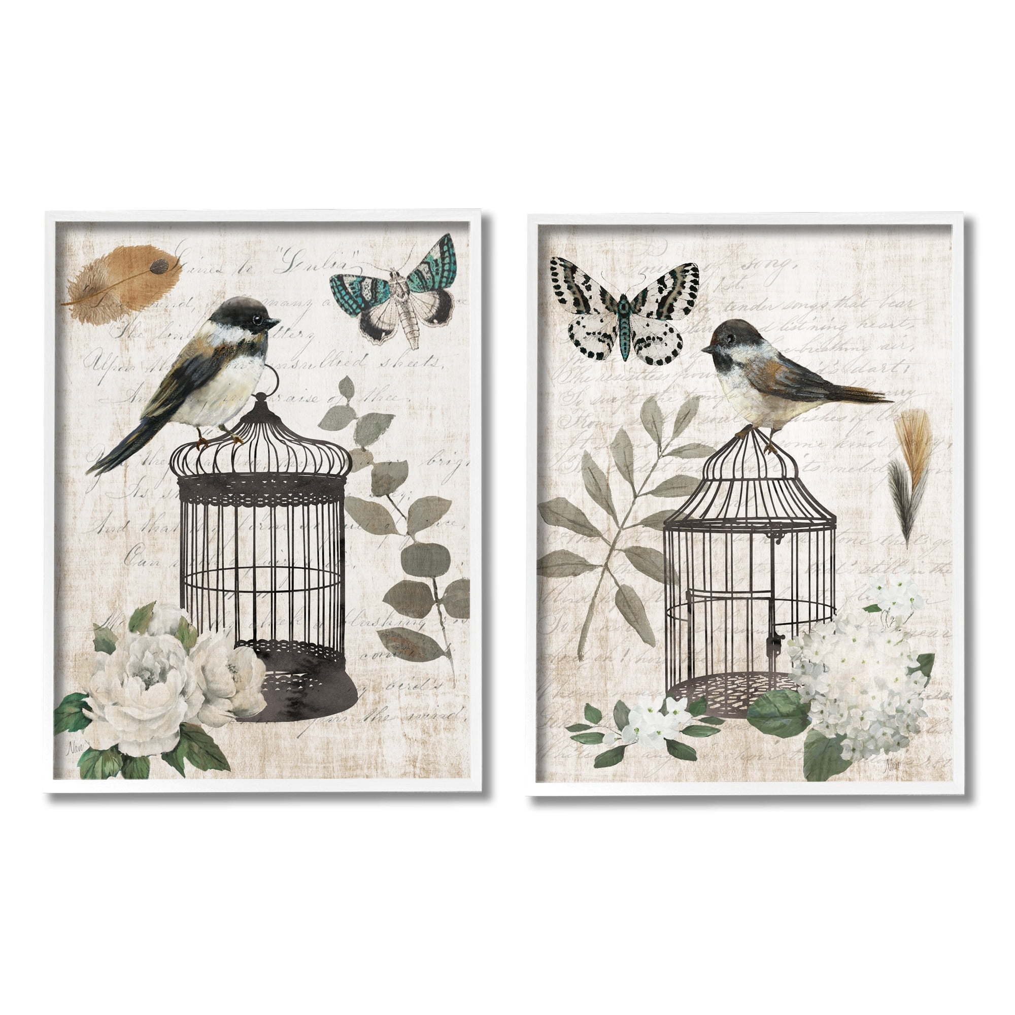 Stupell Industries Vintage Perched Bird Cage Butterfly Timeless Cursive Graphic Art White Framed Art Print Wall Art, Set of 2, Design by Nan