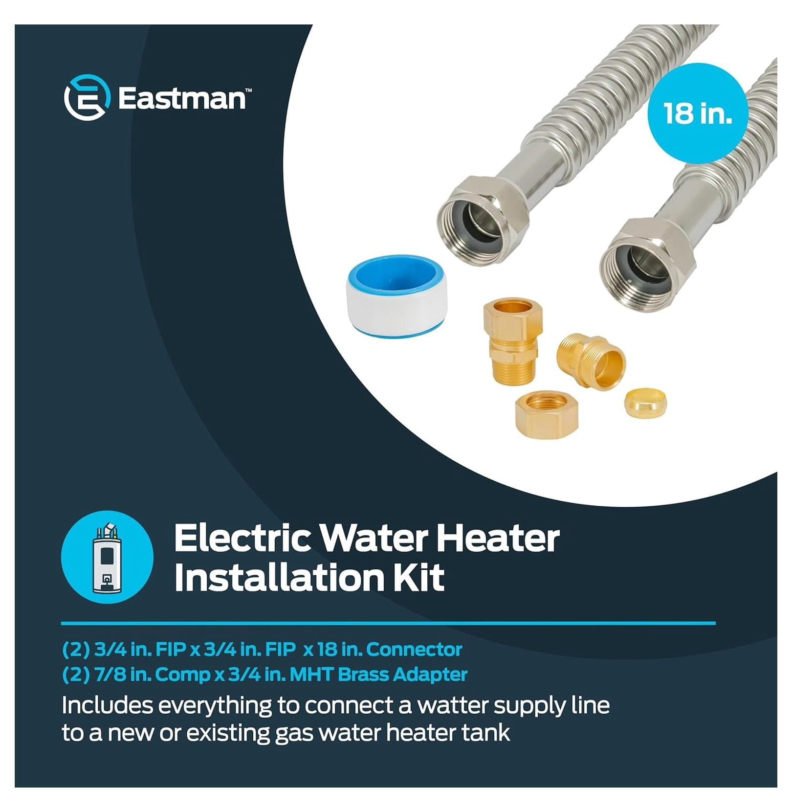 Electric Water Heater Installation Kit - 3/4" x 18" Stainless Steel Connectors - EZ-FLO 48281