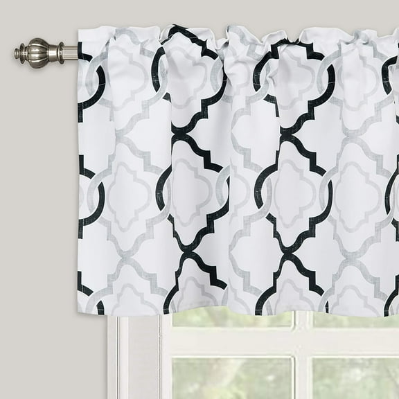 Moroccan Geometric Valance for Windows of Kitchen Bedroom, Modern Quatrefoil Trellis Printed Rod Pocket Short Valance Window Curtains, 52" X 18", Black