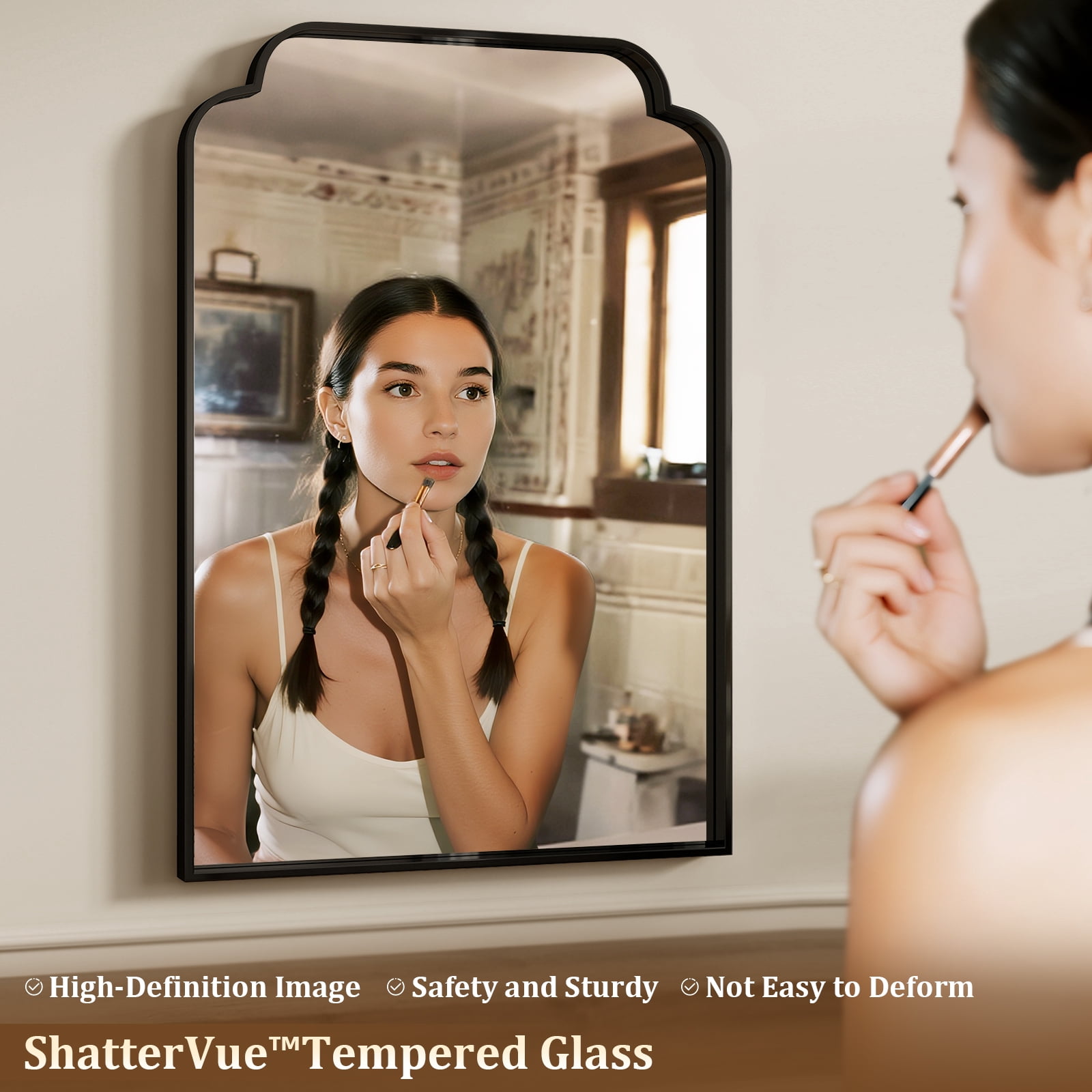 BEAUTYPEAK 20"x30" Arched Bathroom Mirror with Curved Top Modern Decorative Wall Mirror with Deep Frame, Black