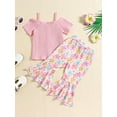 thumbnail image 4 of Aojekbee Kids Girl Summer Outfits Cold Shoulder Short Sleeves Button T-Shirt and Elastic Floral Flare Pants Cute 2 Piece Clothes, 4 of 10