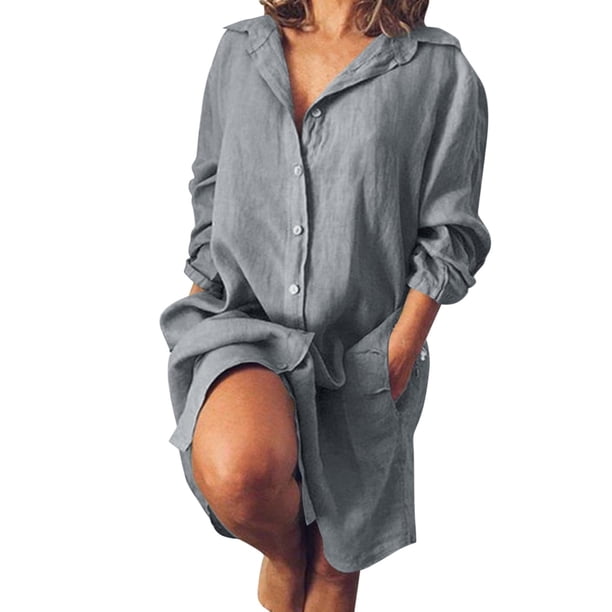 Vestido camisero informal holgado largo para mujer - Poliéster, manga larga, cuello vuelto, para todas las estaciones