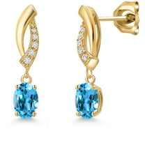 Gem Stone King 10K Yellow Gold Swiss Blue Topaz and Lab Grown Diamond Stud Dangle Earrings for Women | 1.15 Cttw | Gemstone November Birthstone | Oval 6X4MM