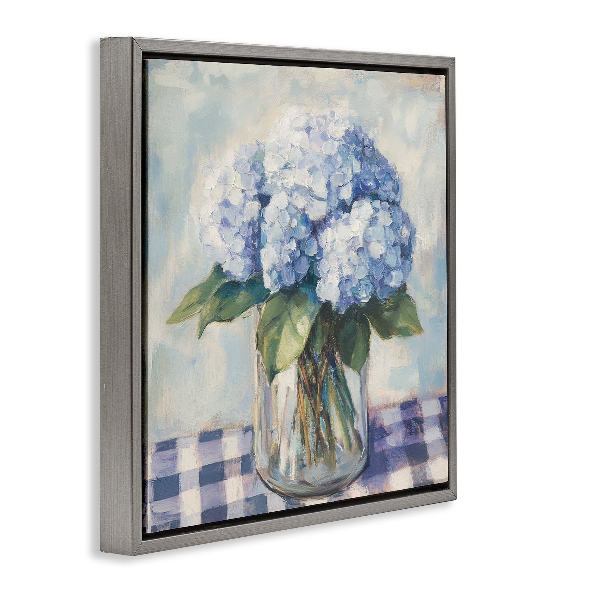 Stupell Industries Hydrangeas on Gingham Tablecloth Gray Framed Floater Canvas Wall Art, design by Petal Prints Design