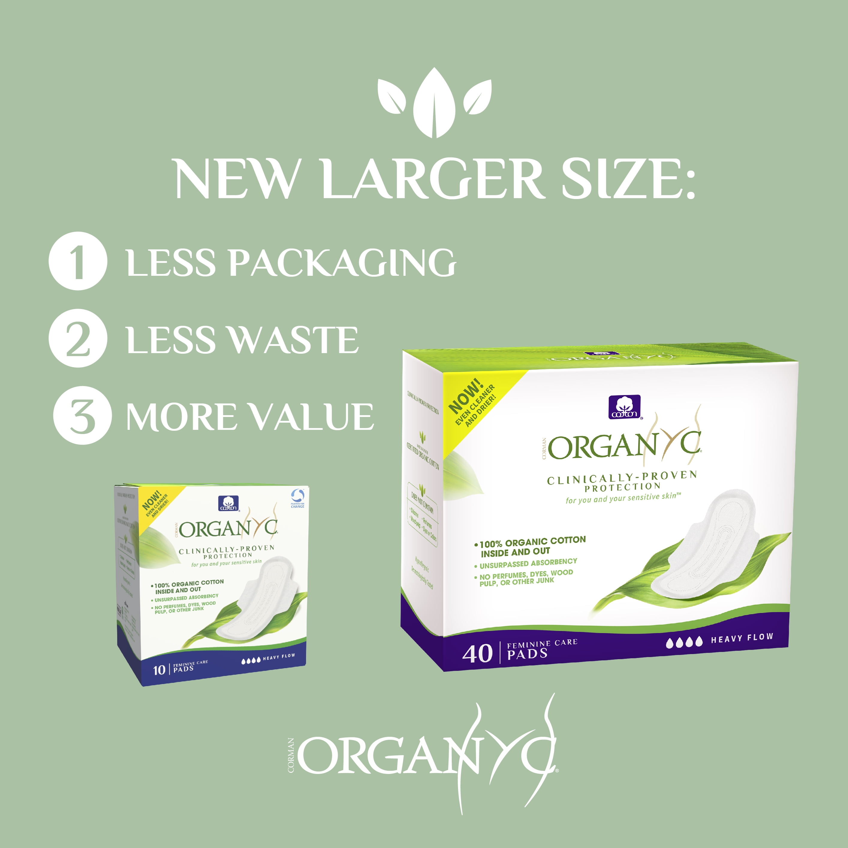 Corman Organyc 100% Organic Cotton Feminine Pads, Hypoallergenic, Chlorine Free, Heavy Flow, 40 Count