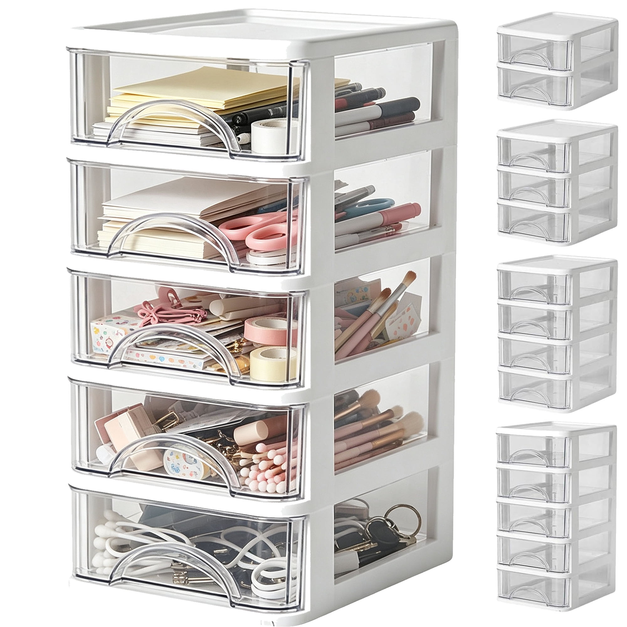 Plastic Storage Tower Wide Organizer for Crafts, Transparent Plastic Drawers, Complete Three-sided visibility, Quick Craft and Office File Sorting, Sleek Bedroom Organizer, White, 5 Drawer