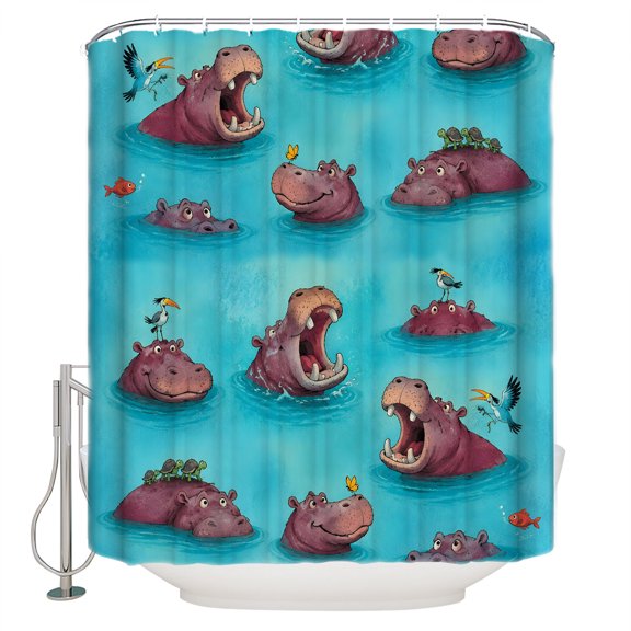 Summer Hippoes Print Bathroom Shower Curtains with 12 Hooks Polyester Waterproof Shower Curtain for Stalls and Bathtubs Cute Funny Coastal Ocean Sea Blue Decorative Bathroom Curtain 60x72 Inches