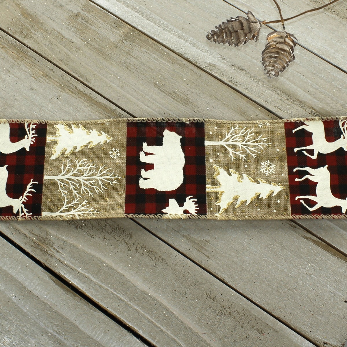Ribbon Traditions Buffalo Plaid Moose/Trees on Natural Wired Ribbon 2 1/2" by 10 Yards