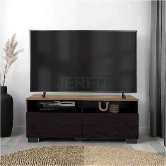JERFIT 44.5" Modern TV Stand for TVs Up to 55", Entertainment Center with 2 Open Shelves, Compact Low Profile Media Console for Bedroom, Living Room in Black