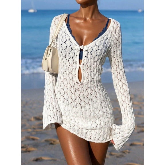 Sultry Women's Summer Vacation V-Neck Sheer Mesh Hollow Out Knot Button Crochet Long Sleeve Cover Up Sexy Solid Color Bodycon Mini Knit Beach Bikini Dress, Resort Wear