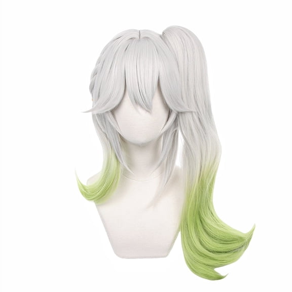 JJKcosplay Game Nahida Cosplay Wig for G-I Silver Mix Green with Bangs Ponytail Party Halloween Wig