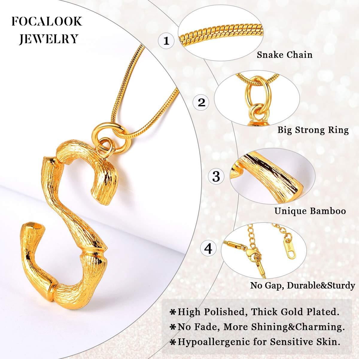 FOCALOOK Bamboo Initial Necklace for Women Oversize Letter S Pendant Capital Alphabet Statement Necklace Gold Plated