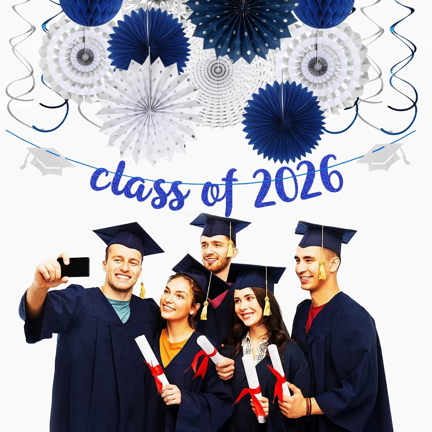 Navy-Blue Silver Party-Decorations Graduation Banner-Streamers - 18pcs Kits Class of 2026 Garland, Paper Tissue Pom Poms Fan, Honeycomb Lanterns Congrate Grad Congratulations Decor