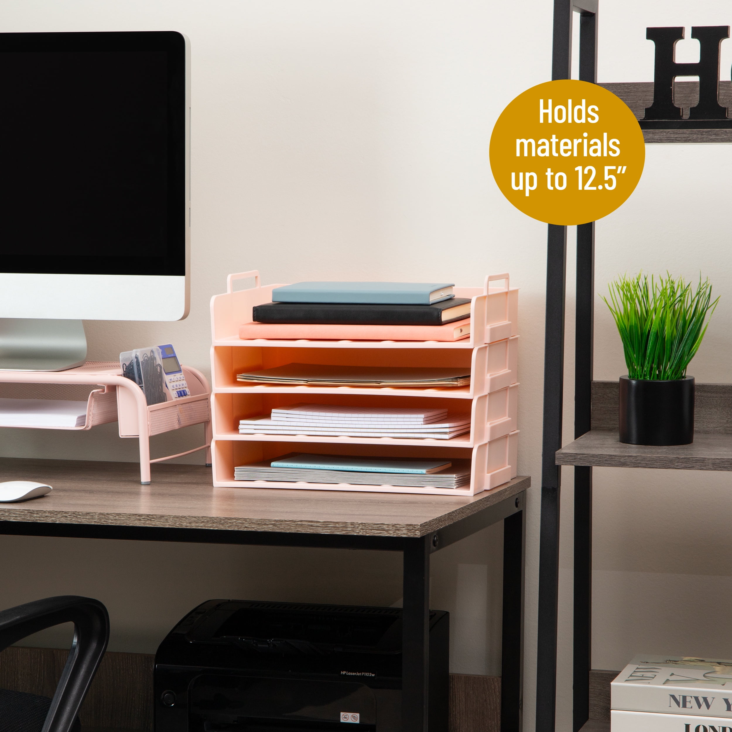 Mind Reader Stackable Paper Tray, Desktop Organizer, File Storage, Office, Plastic, 13.75"L x 10"W x 10.75"H, 4 Pcs., Pink