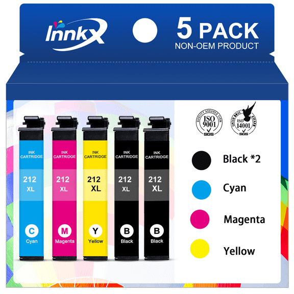 212XL Ink Compatible for Epson 212 Ink for Epson 212XL Ink Cartridges for Epson XP-4105 XP-4100 WF-2850 WF-2830 Printer(5 Pack,2 Black,1 Cyan,1 Magenta,1 Yellow)
