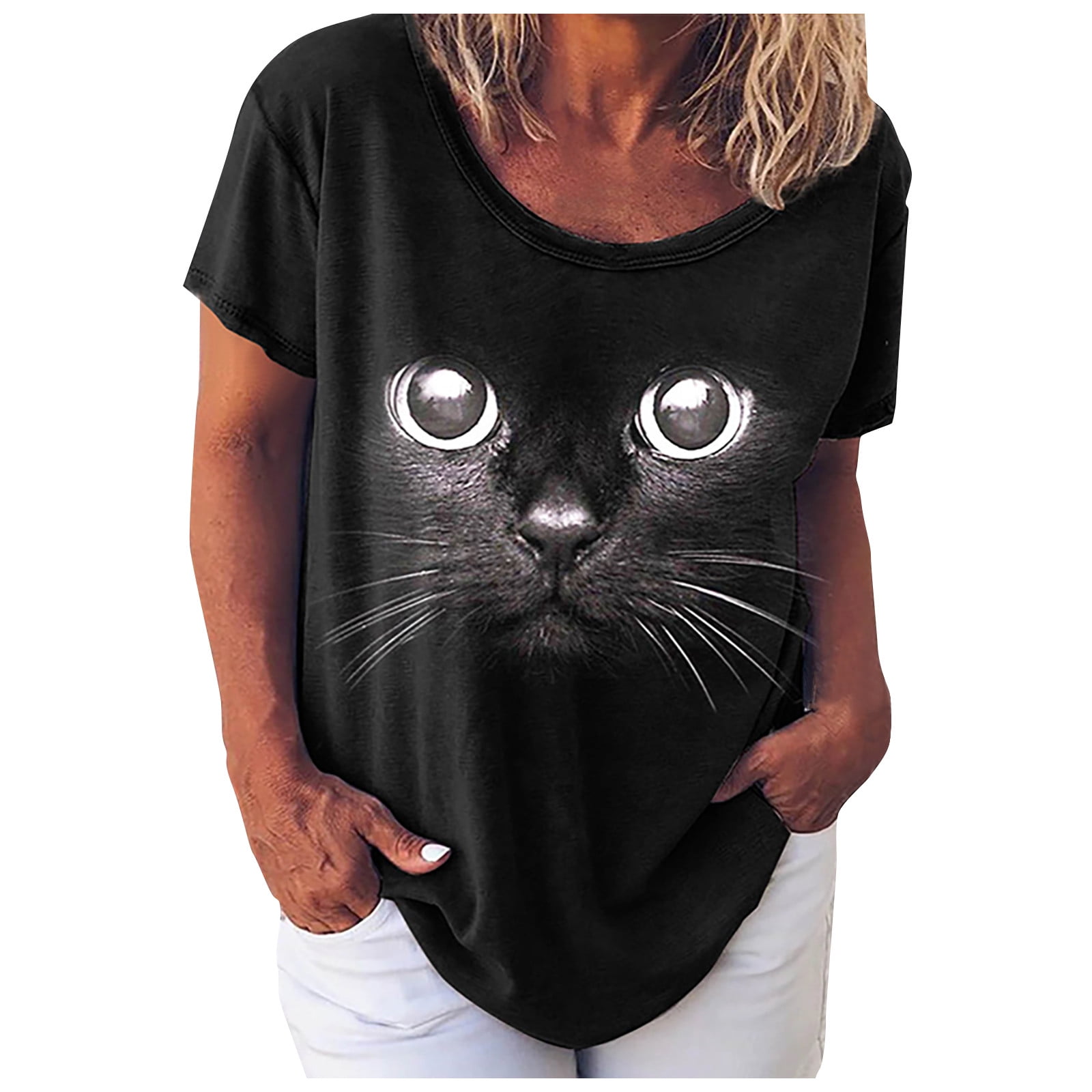 T-Shirt pour Femmes Imprimé Animal Chat Col Rond T-Shirt Ample