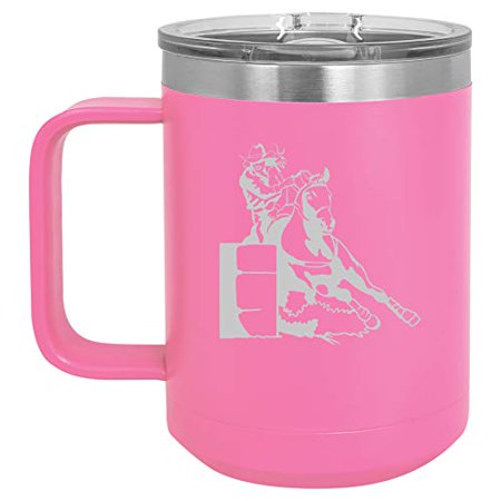 15 oz Tumbler Coffee Mug Travel Cup With Handle & Lid Vacuum Insulated Stainless Steel Female Barrel Racing Cowgirl (Hot
