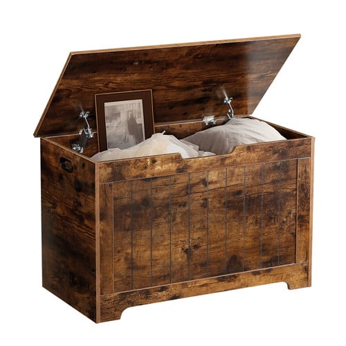 SONGMY Wooden Storage Chest Bench, Rustic Brown Toy Box with 2 Safety Hinge