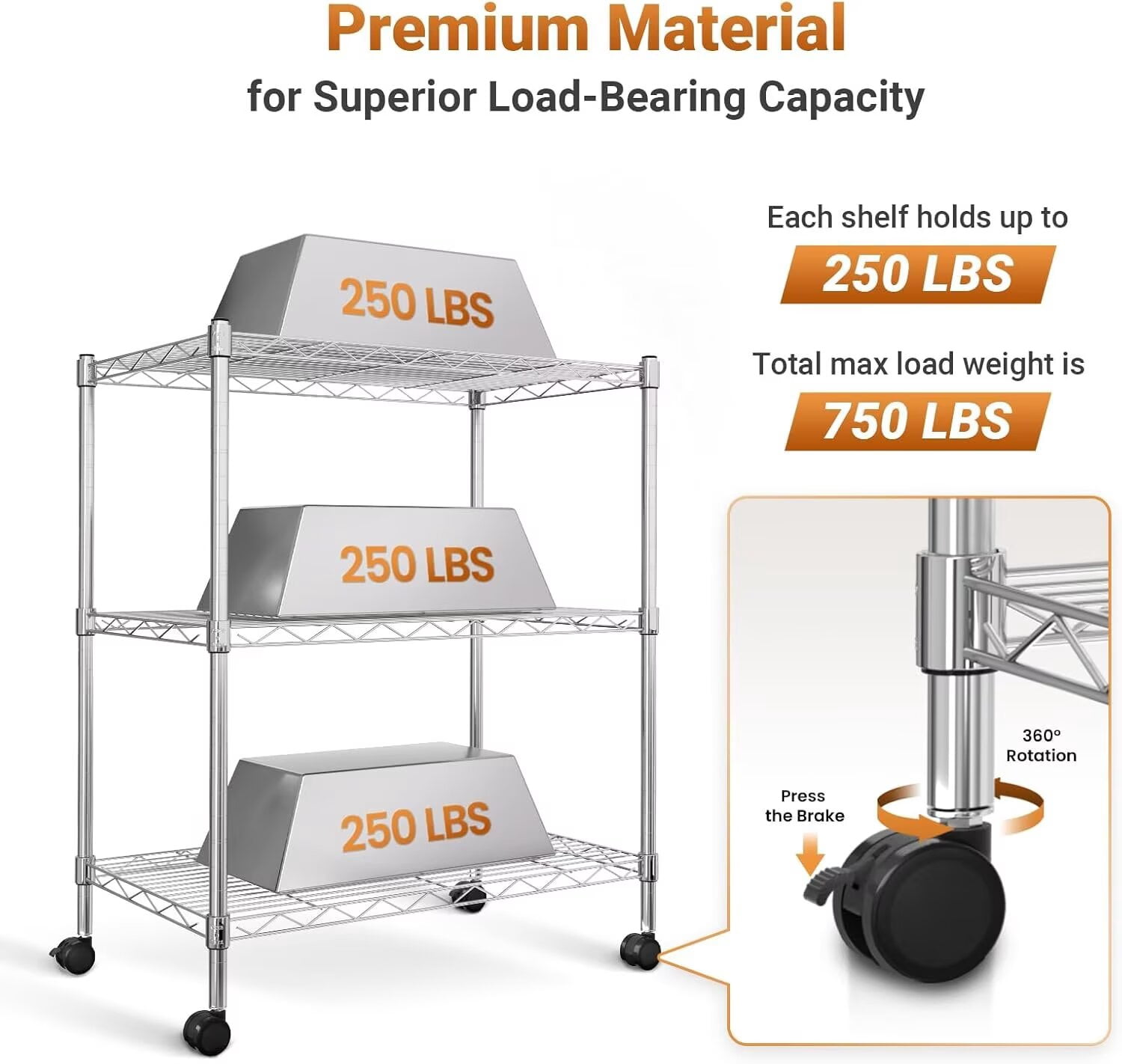 QUIOCOZY Heavy Duty 3-Tier Wire Shelving with Wheels, Adjustable Steel Storage Rack, 750 Lb Capacity, Chrome, 24" x 14" x 30"