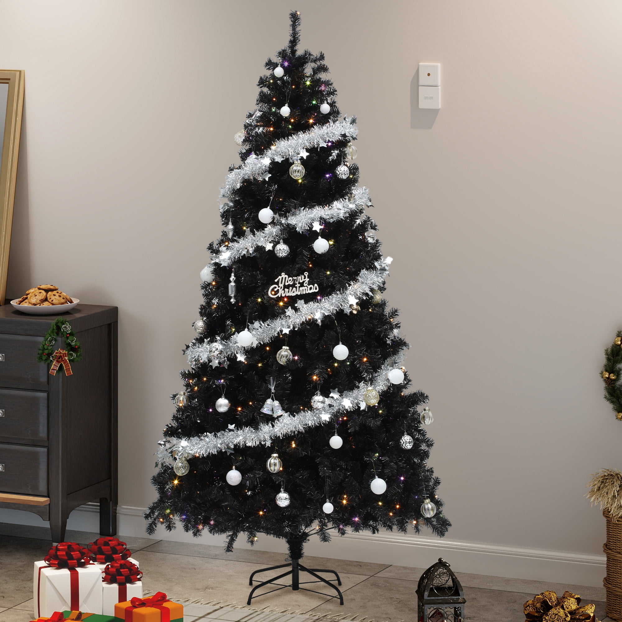 Uforic 6ft Pre-lit Artificial Pine Christmas Tree with 818 Branch Tips & 250 Lights, Remote Control, Black