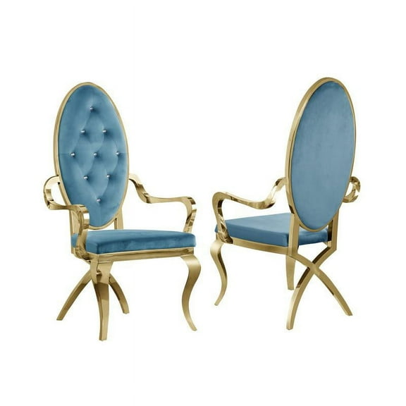 Tufted Arm Chairs in Teal Blue Velvet and Gold Stainless Steel (Set of 2)