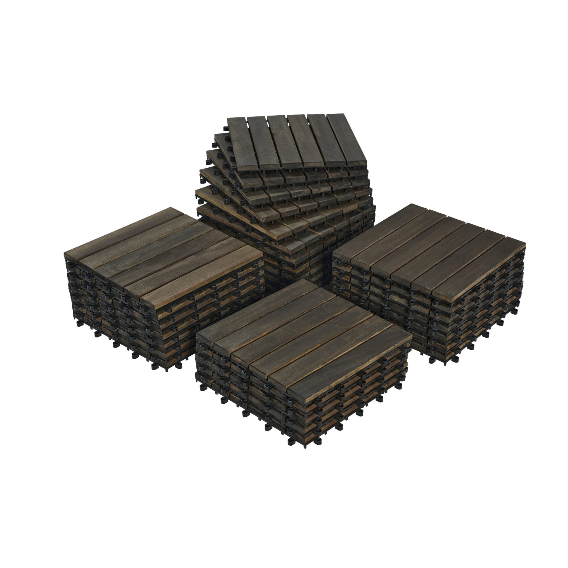 Noble House 12" Striped Acacia Wood Interlocking Square Deck Tiles, Weather Resistant Outdoor Flooring, Dark Brown, 10 PCS