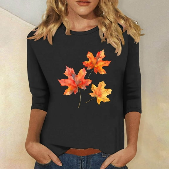 Inverlee Thanksgiving Shirts for Women Plus Size Turkey Pumpkin Graphic Tees Comfy 3/4 Sleeve Cotton T-shirts Round Neck Dressy Casual Blouse Tops