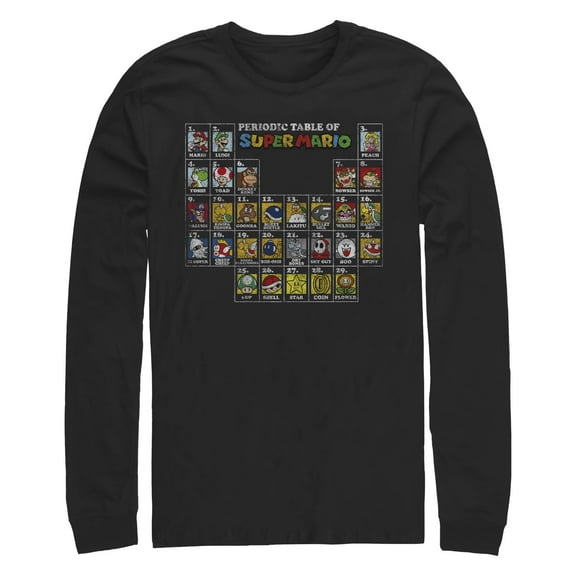 Men's Nintendo Periodic Table of Super Mario  Long Sleeve Shirt Black Small