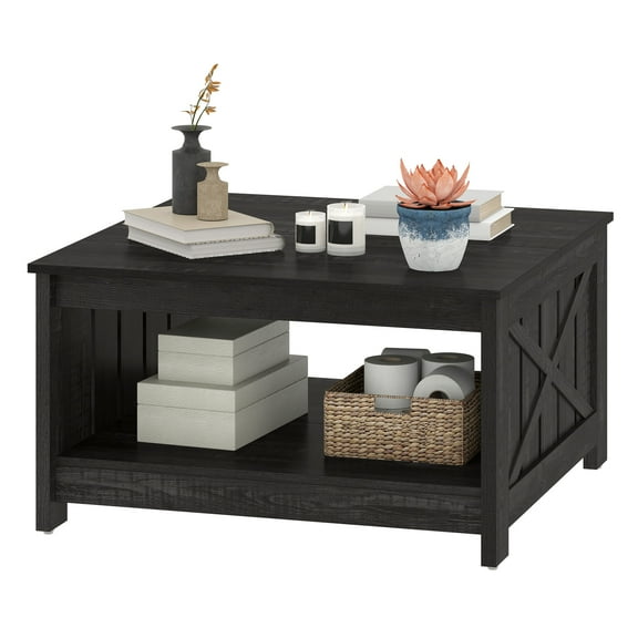 Uforic Coffee Table with Storage Shelf for Living Room, Farmhouse Center Table, Black Oak