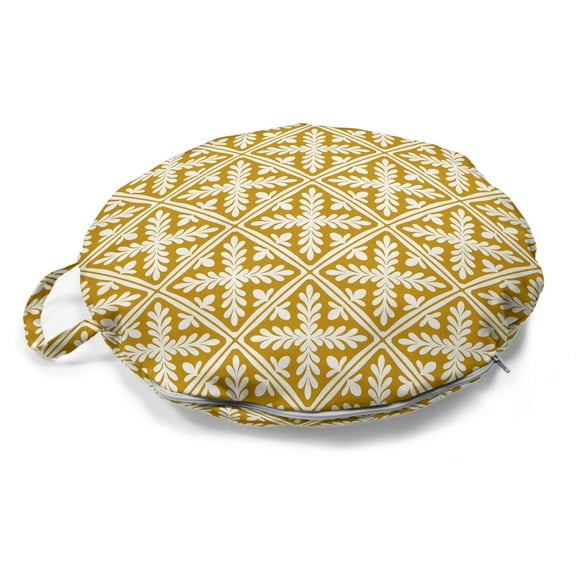 Abstract Round Floor Cushion with Handle, Eastern Traditional Motifs on a Plain Background Moroccan Turkish Feels, Pillow for Living Room & Dorms, 18" Round, Pale Coffee and White, by Ambesonne