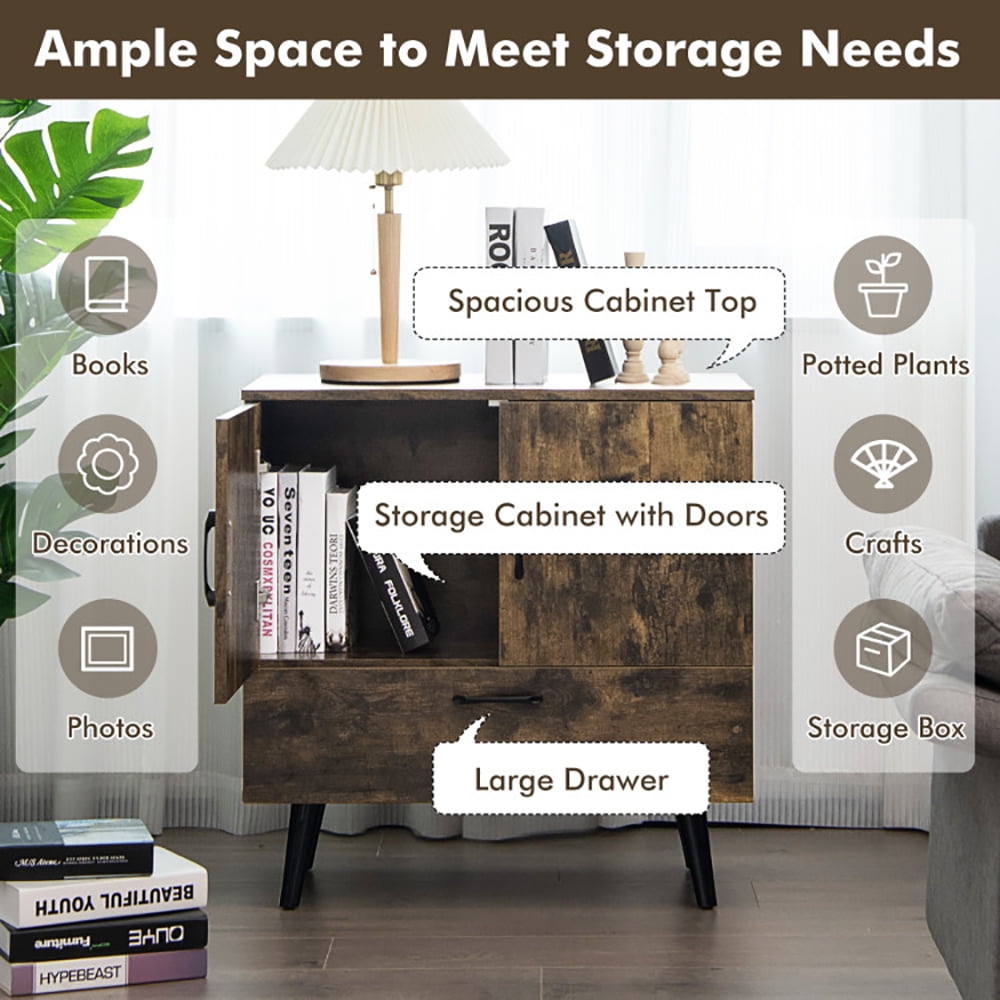 Finihen Storage Cabinet, Mid Century Storage Cabinet with 2 Doors and 1 Pull-out Drawer, Cabinet for Living Room, Entryway, Rustic Brown