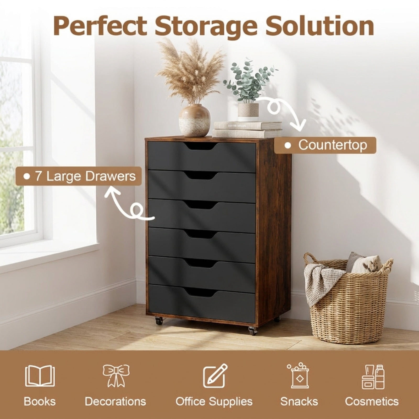 Furnibear 7-Drawer Chest Wooden Storage Dresser with Lockable Wheels for Home Office Filing Document Letter Legal Storage, Rustic Brown