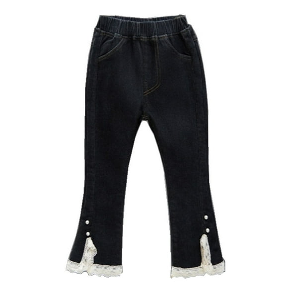 CONFREE Toddler Girls Jeans Solid Color Fleece Lined Flared Jeans for Girl Elastic Waist Wide Leg Denim Pants With Pocket