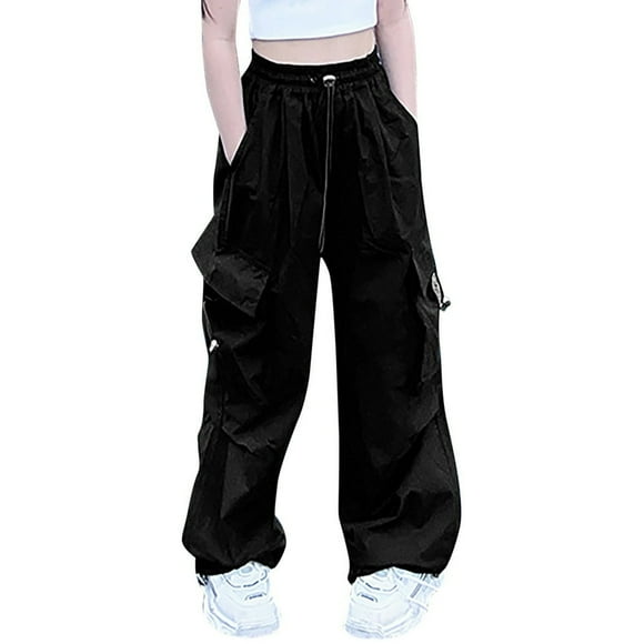CHUANK Cargo Pants For Girls Casual High Waisted Drawstring Loose Fit Pockets Kid Cargo Sweatpants Fashionable Beautiful Leisure Children Trousers