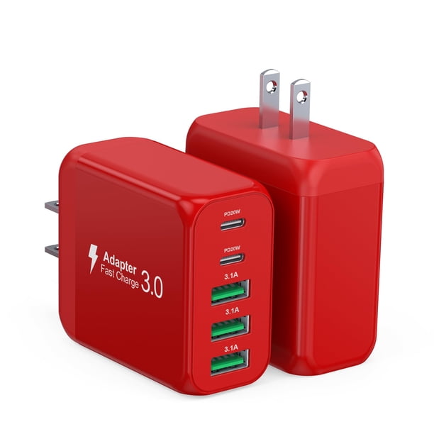 Cargador CSODINCE USB C de pared de 50 W, paquete de 2, 5 puertos PD+QC 3.0