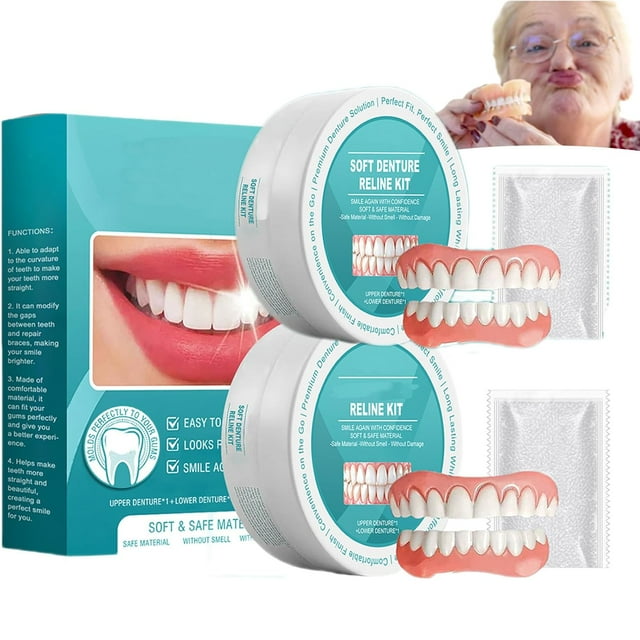 Minceetbien Dentures, Silicone Reline Denture Set, Denture Reline Kit Is Suitable for Securing Upper and Lower Dentures, 100% Soft Silicone, Flexible & Easy-to-Use (2 pcs)
