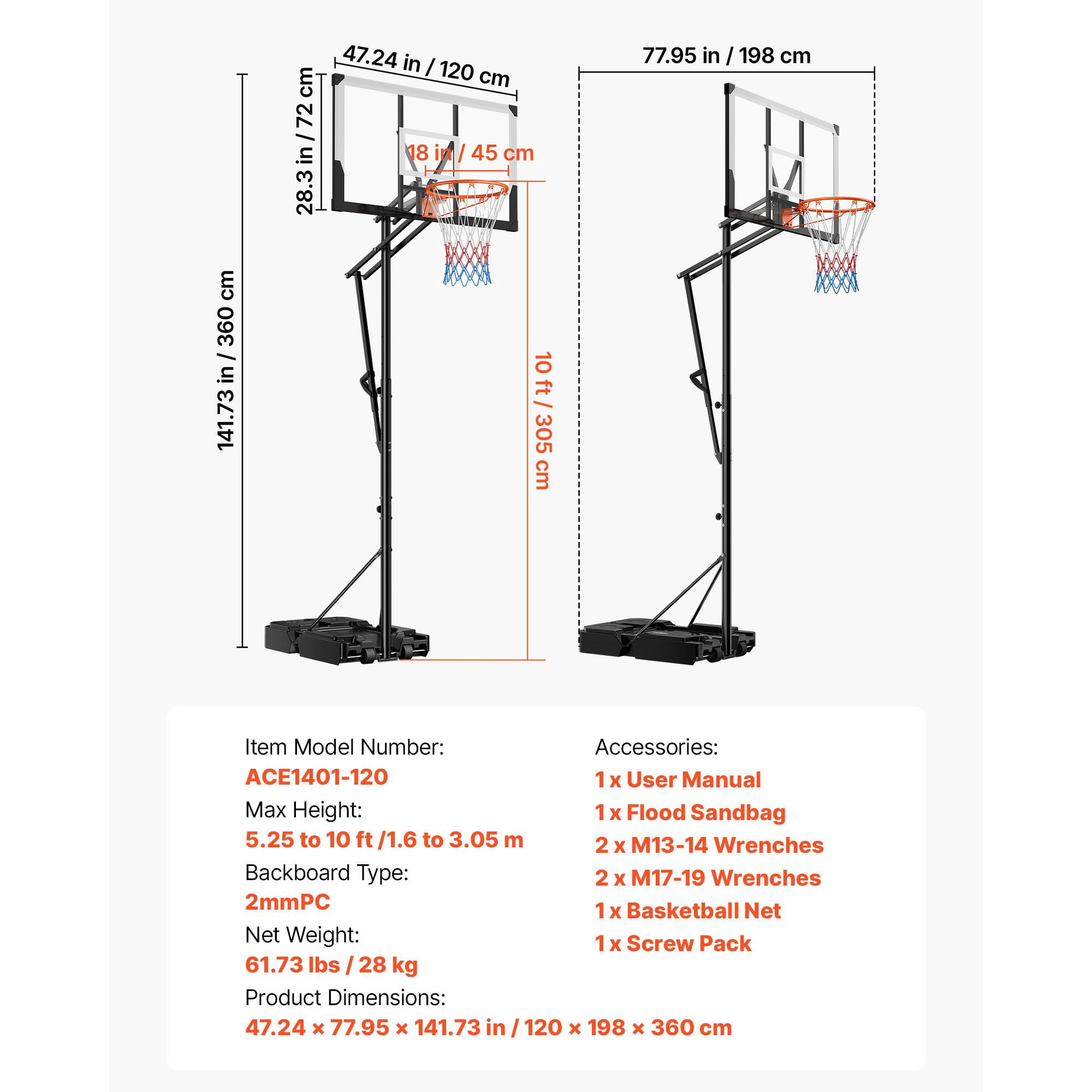 Dranite Portable Basketball Hoop System Adjustable 5.25-10 ft Height, 48" Polycarbonate Backboard with Wheels for Driveway, Pool, Kids, Teens, Adults