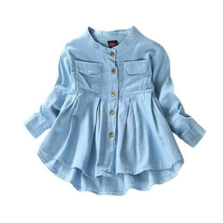 

Long Sleeve Denim Ruched Ruffle Botton up T-Shirts Kid s Spring Autumn Stand Collar Casual Tops Princess Blouses for Little Baby Girls Kids 2-7T
