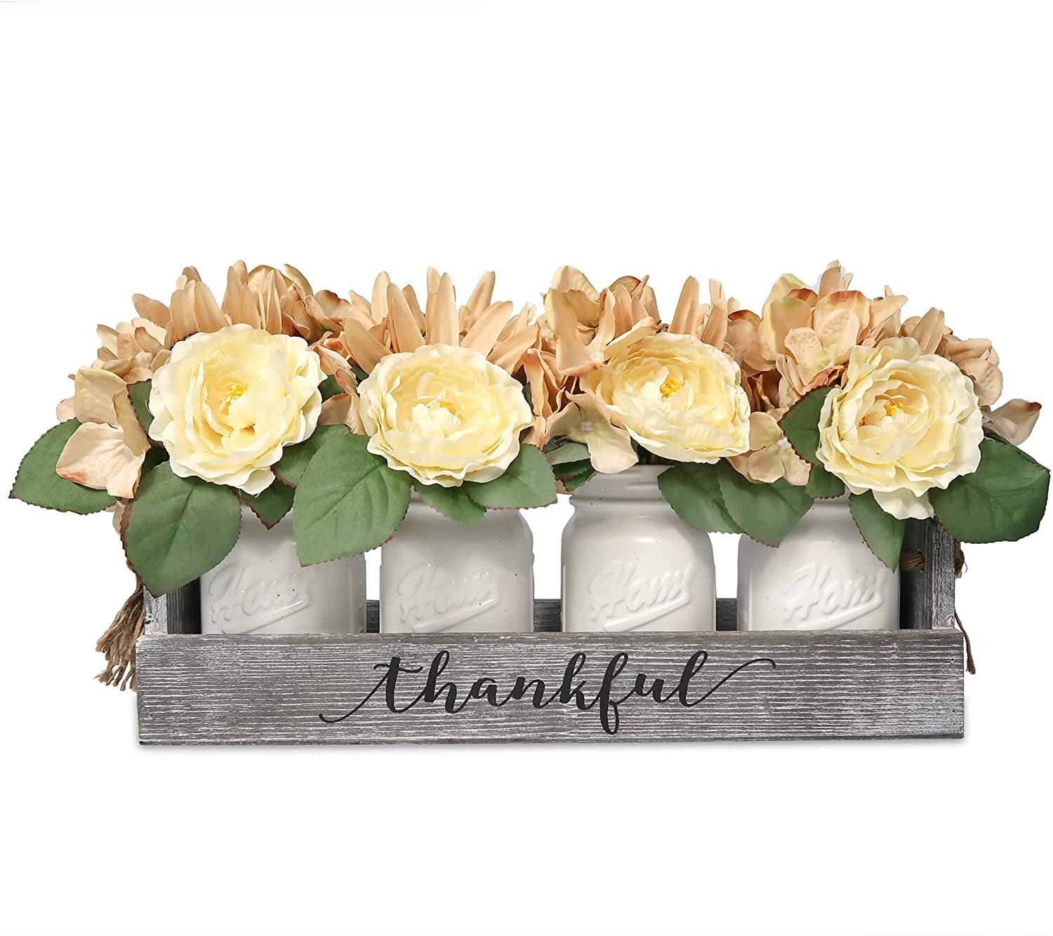 Kitchen Dining Table Centerpieces Living Room Gift Farmhouse Floral Wood Tray Modern Centerpieces with 4-White Mason Jars & Flowers for Dining Room