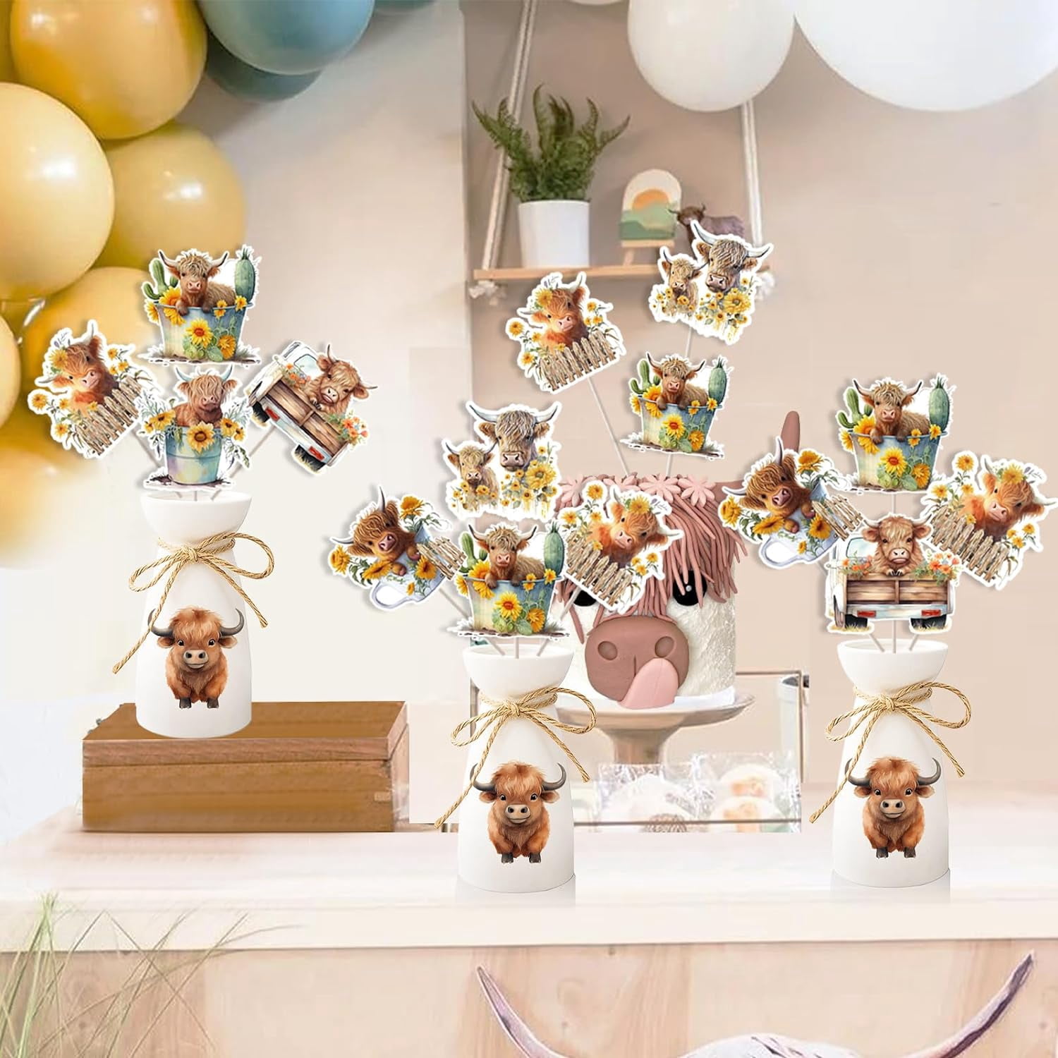 24 Pieces Highland Cow Centerpiece Sticks - Farm Highland Cow Table Toppers, Western Theme Party Decorations, Birthday Party Baby Shower Supplies