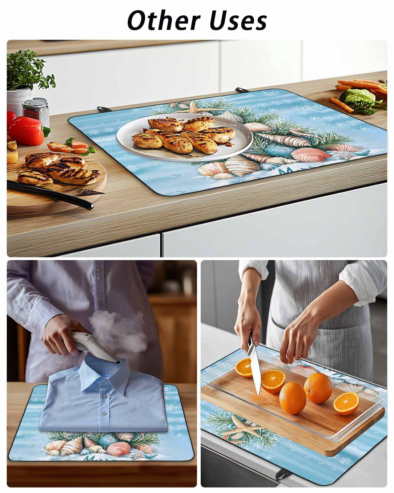Stove Top Covers for Electric Stove, Blue Coastal Christmas Glass Stovetop Cover Protector, Nautical Summer Beach Shell Conch Induction Cooktop Protector Oven Mat for Kitchen Countertop 24"x21"