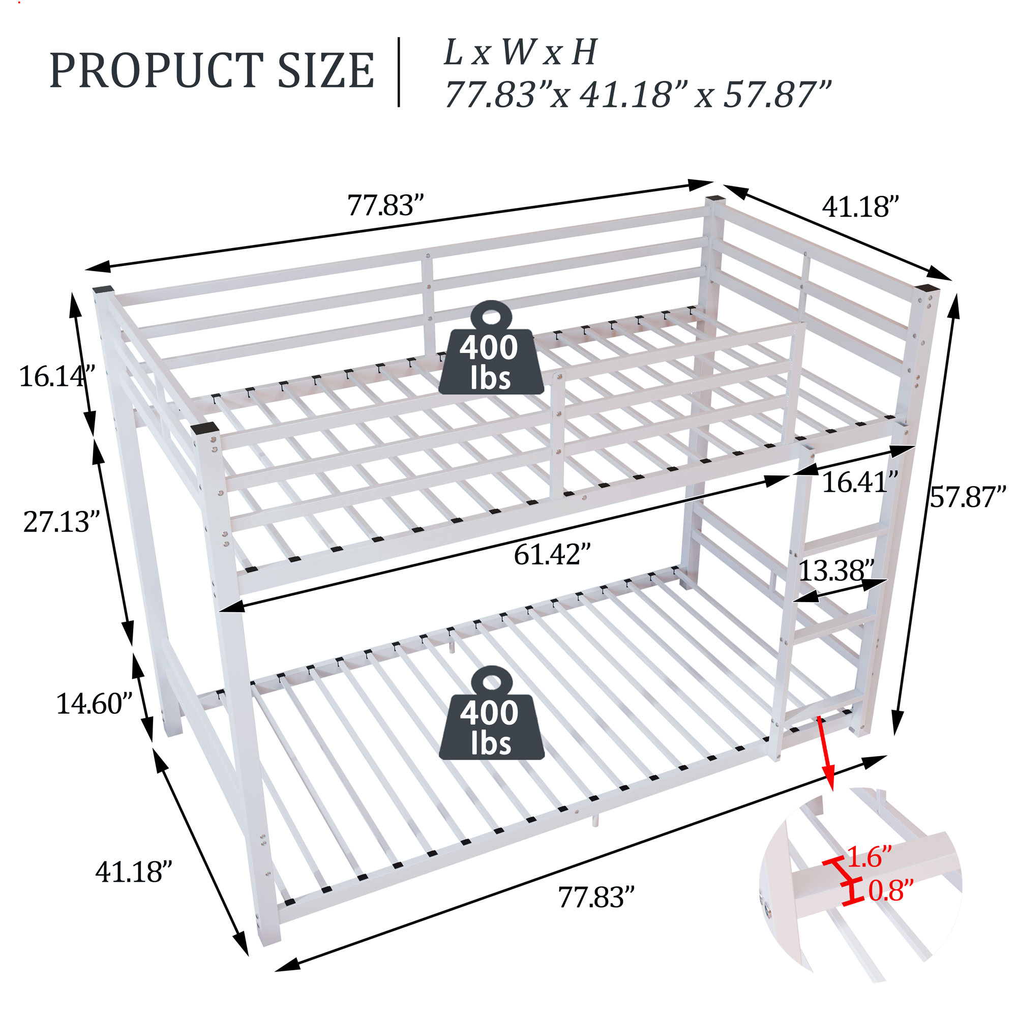 MAYEERTY Twin Over Twin Metal Bunk Bed with High Guardrail and Ladder, Heavy Duty Low Profile Bed Frame, for Kids Teens Adults Bedroom Dorm, No Box Spring Needed