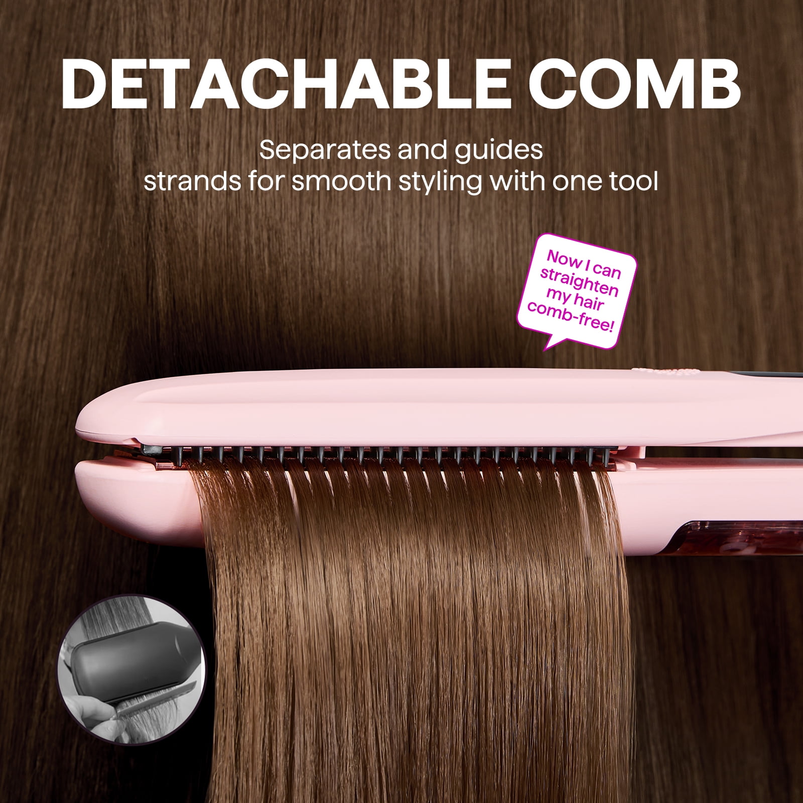 Wavytalk Steam Hair Straightener, 1.38'' Nano Titanium Flat Iron with Detachable Comb for Silk Press Smoothing, Pink
