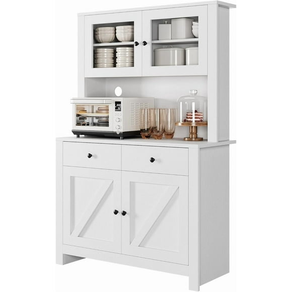 Kitchen Pantry Cabinet, 63 Inch Tall Freestanding Pantry Storage with Glass Doors and Drawers, Adjustable Shelves, Microwave Stand for Dining Room Living Room, Woodgrain Gray Black White Retro Color